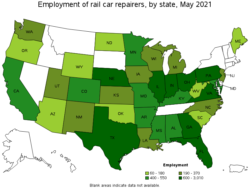 Map of employment of rail car repairers by state, May 2021