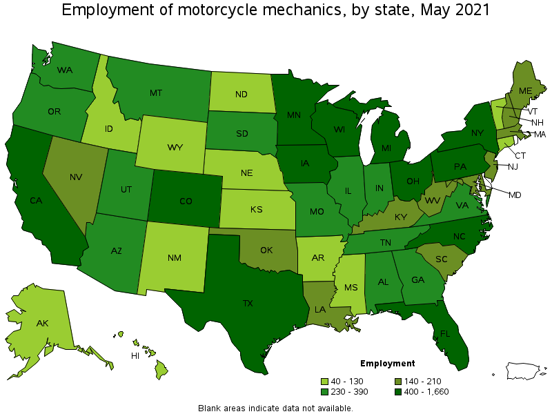 Map of employment of motorcycle mechanics by state, May 2021