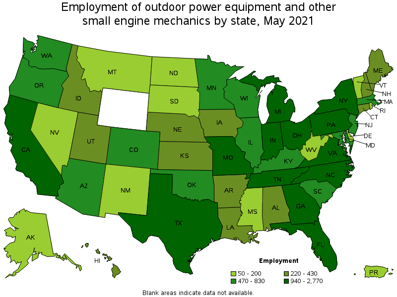 Map of employment of outdoor power equipment and other small engine mechanics by state, May 2021