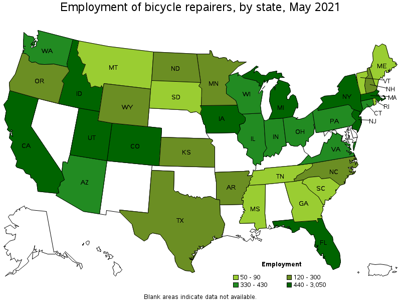 Map of employment of bicycle repairers by state, May 2021