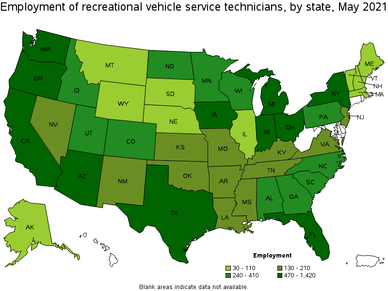 Map of employment of recreational vehicle service technicians by state, May 2021
