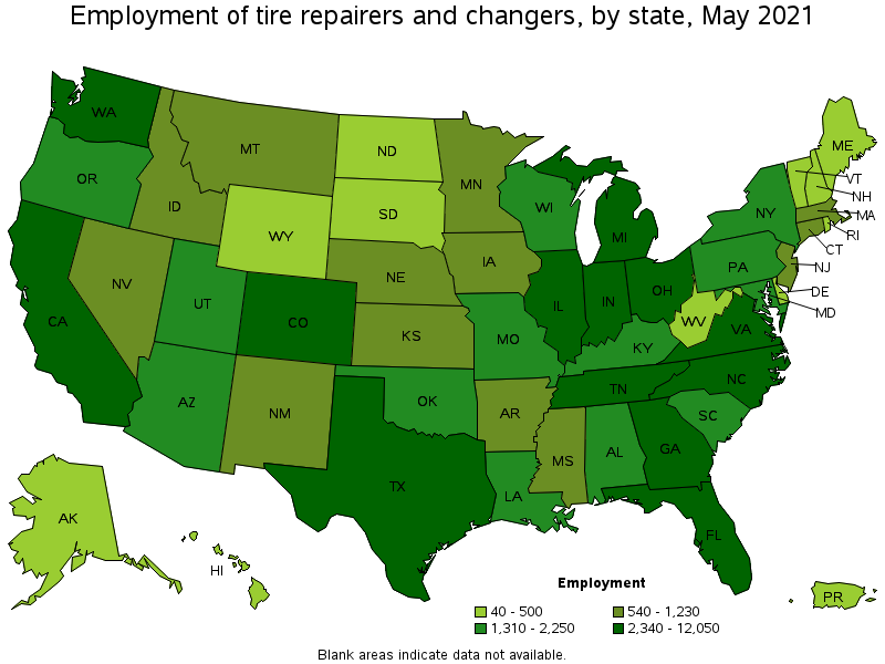 Map of employment of tire repairers and changers by state, May 2021