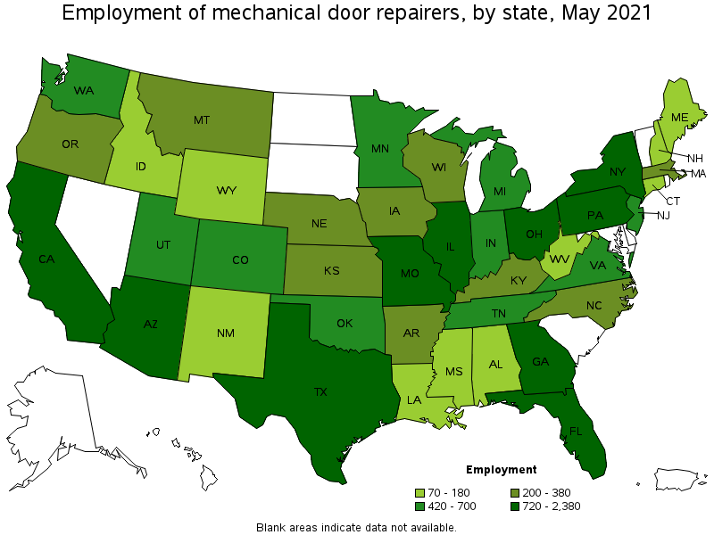 Map of employment of mechanical door repairers by state, May 2021