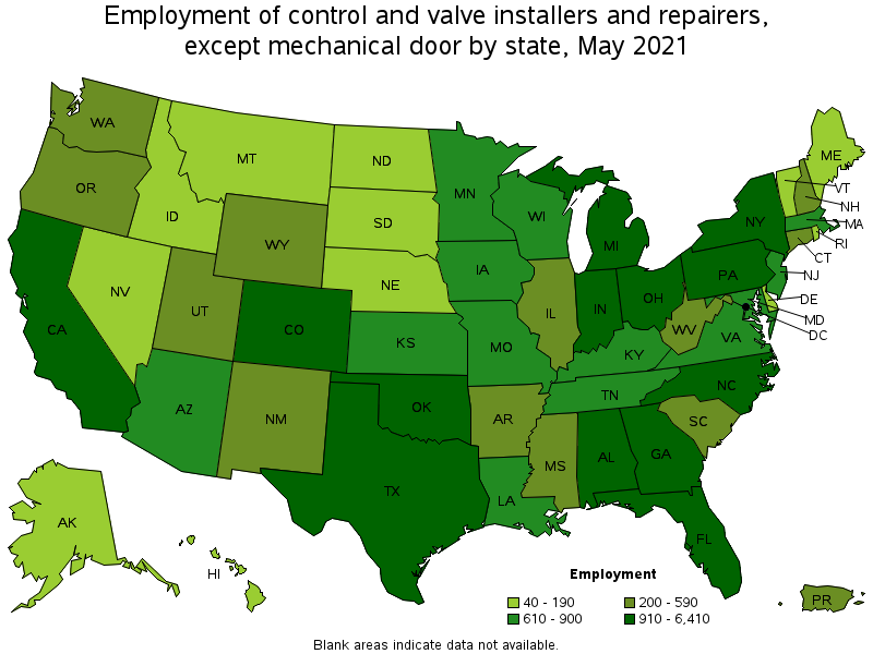 Map of employment of control and valve installers and repairers, except mechanical door by state, May 2021