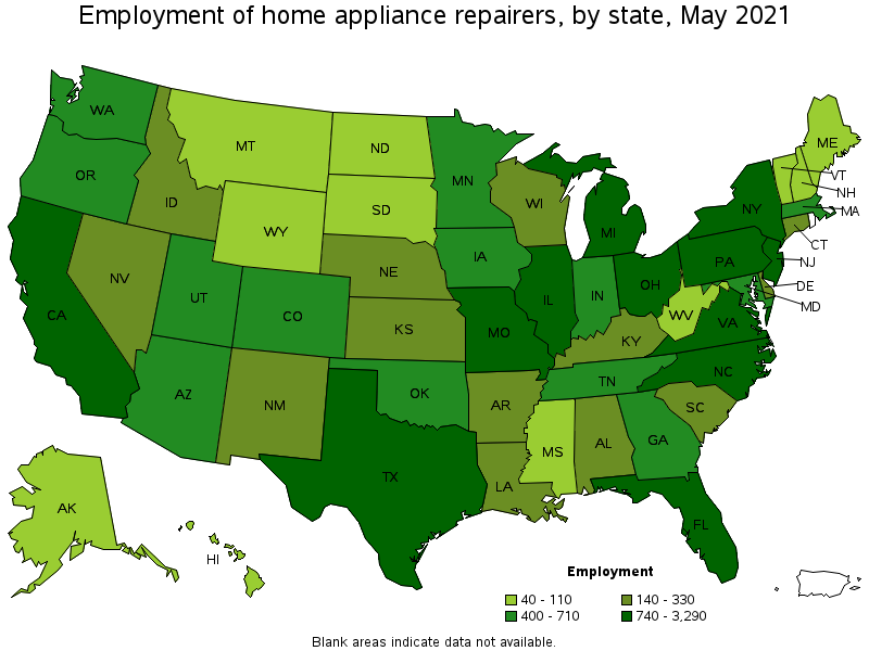 Map of employment of home appliance repairers by state, May 2021