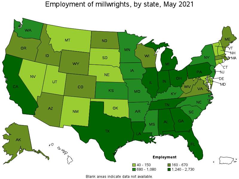 Map of employment of millwrights by state, May 2021
