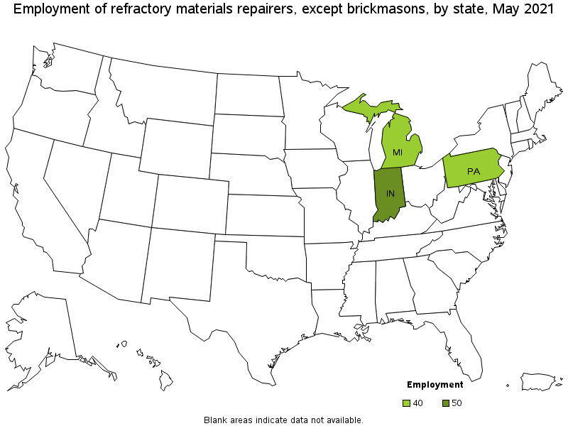 Map of employment of refractory materials repairers, except brickmasons by state, May 2021