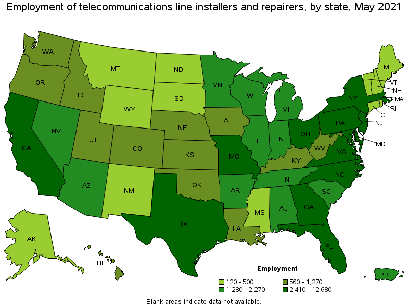 Map of employment of telecommunications line installers and repairers by state, May 2021