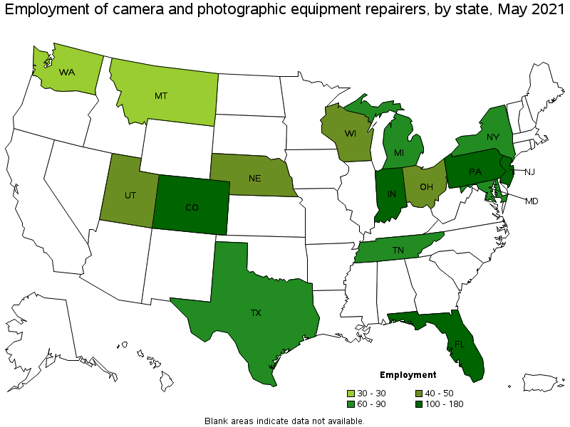 Map of employment of camera and photographic equipment repairers by state, May 2021