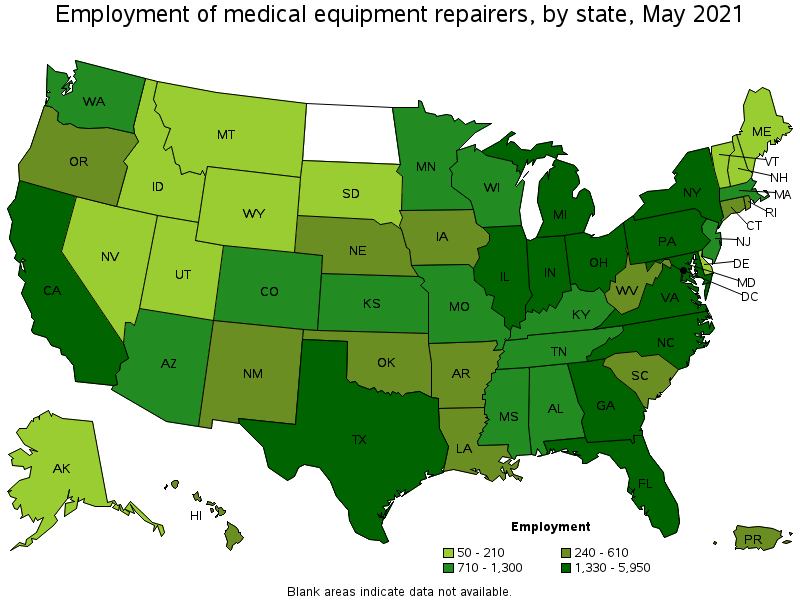 Map of employment of medical equipment repairers by state, May 2021