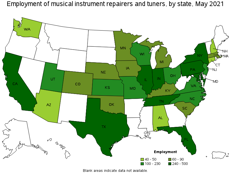 Map of employment of musical instrument repairers and tuners by state, May 2021