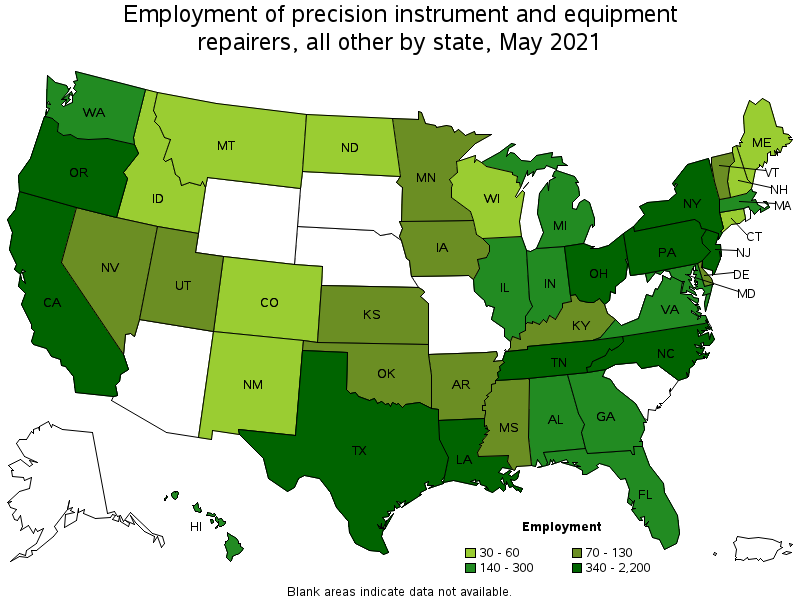 Map of employment of precision instrument and equipment repairers, all other by state, May 2021