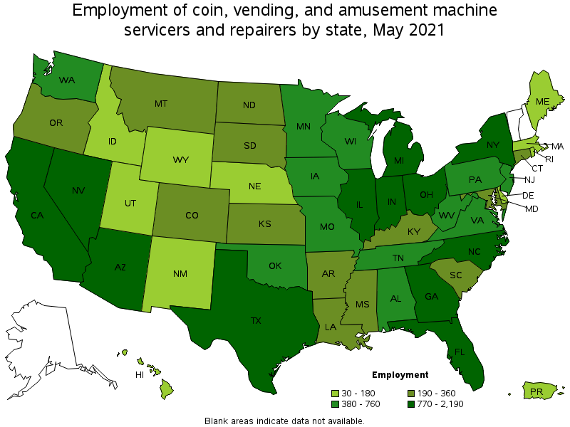Map of employment of coin, vending, and amusement machine servicers and repairers by state, May 2021