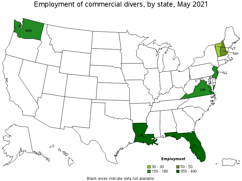 Map of employment of commercial divers by state, May 2021