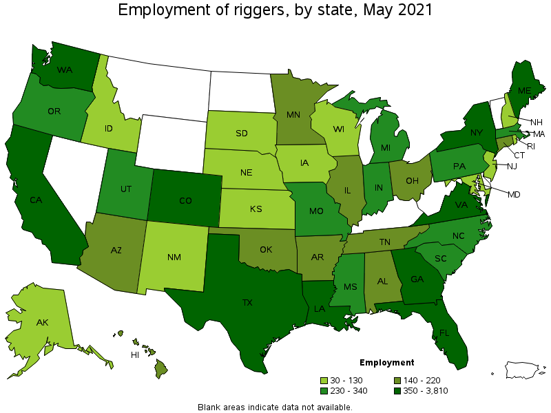 Map of employment of riggers by state, May 2021