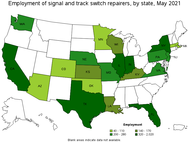Map of employment of signal and track switch repairers by state, May 2021