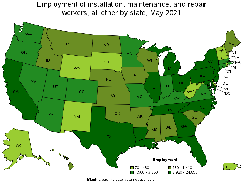 Map of employment of installation, maintenance, and repair workers, all other by state, May 2021