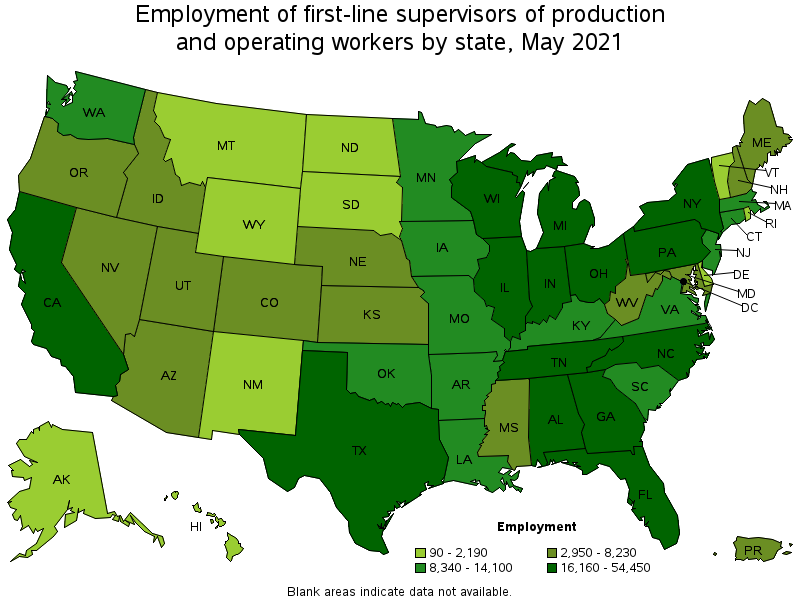 Map of employment of first-line supervisors of production and operating workers by state, May 2021