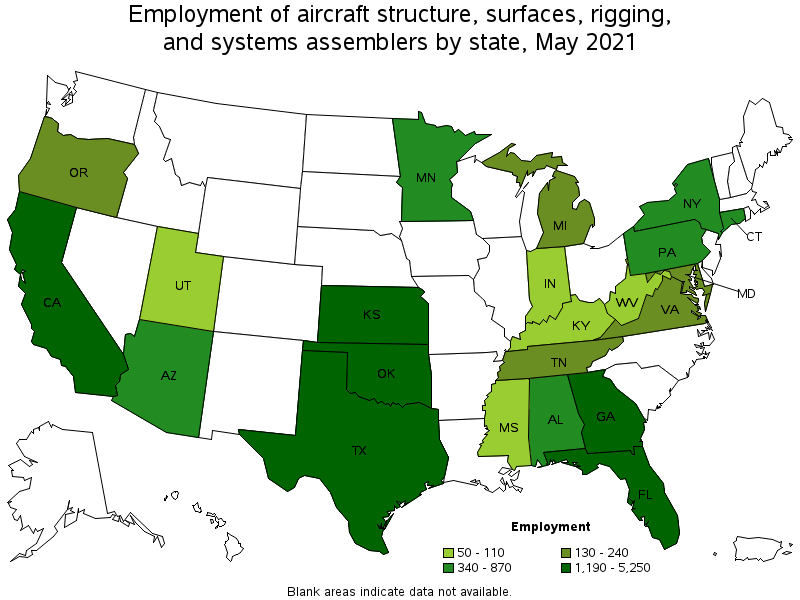 Map of employment of aircraft structure, surfaces, rigging, and systems assemblers by state, May 2021