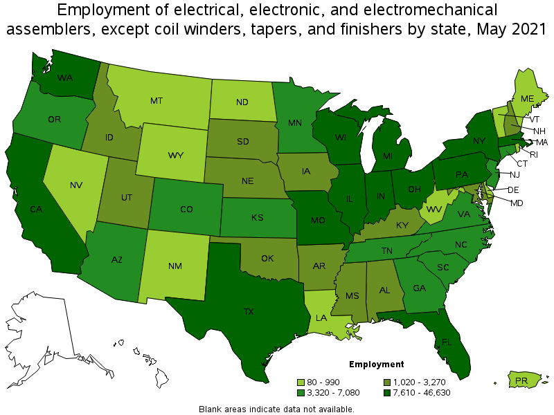 Map of employment of electrical, electronic, and electromechanical assemblers, except coil winders, tapers, and finishers by state, May 2021