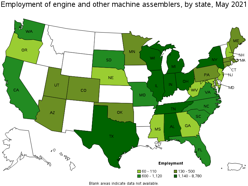 Map of employment of engine and other machine assemblers by state, May 2021