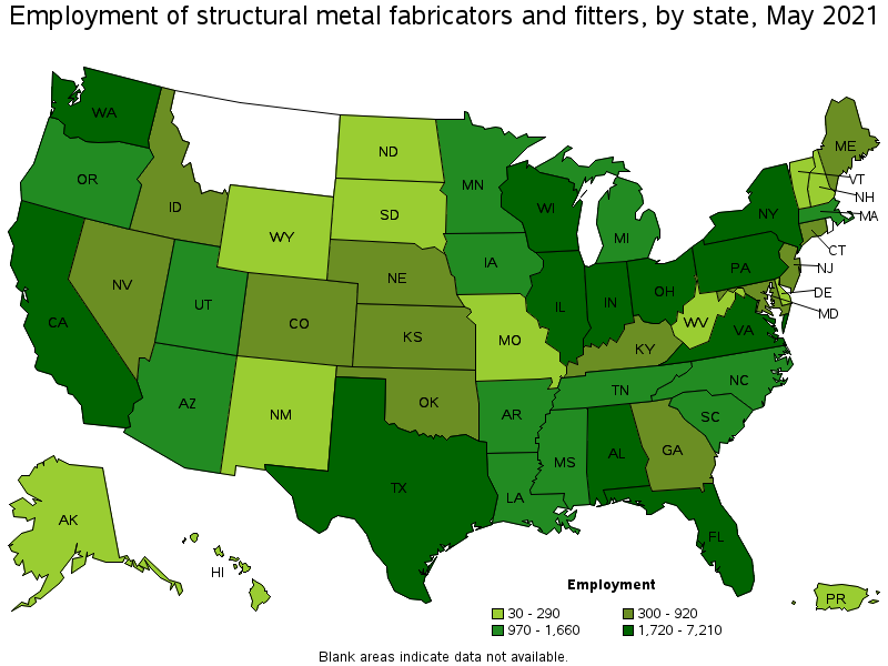 Map of employment of structural metal fabricators and fitters by state, May 2021