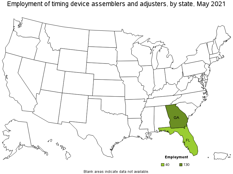 Map of employment of timing device assemblers and adjusters by state, May 2021