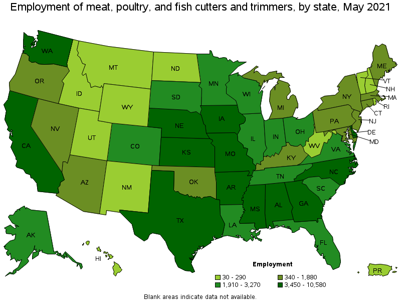 Map of employment of meat, poultry, and fish cutters and trimmers by state, May 2021