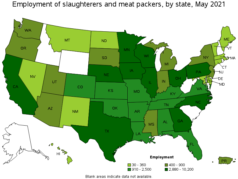 Map of employment of slaughterers and meat packers by state, May 2021