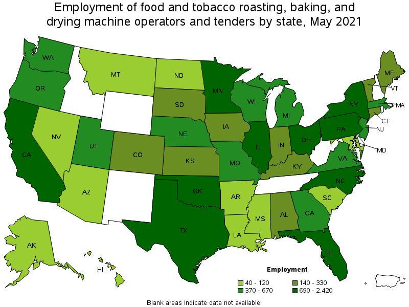 Map of employment of food and tobacco roasting, baking, and drying machine operators and tenders by state, May 2021