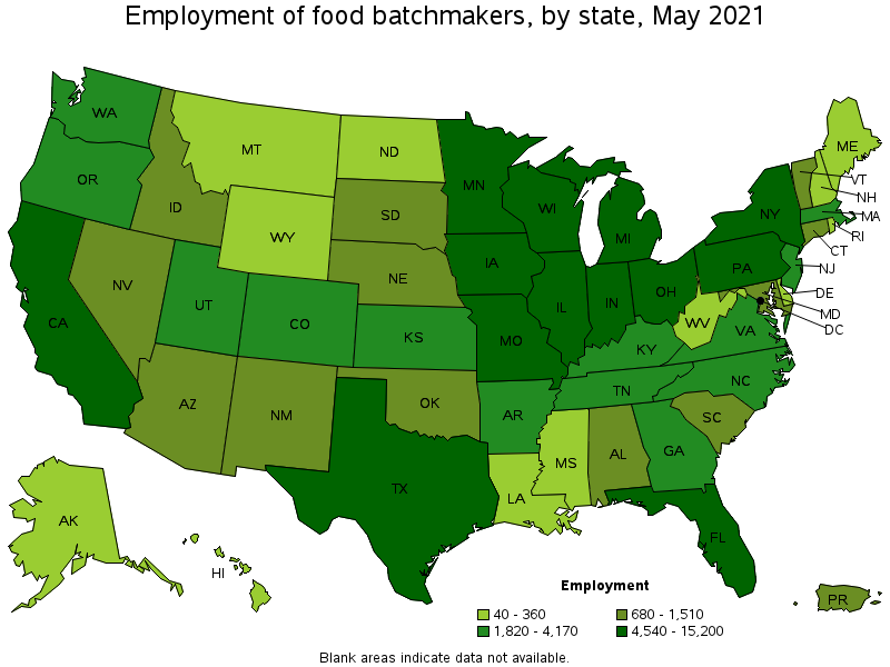 Map of employment of food batchmakers by state, May 2021