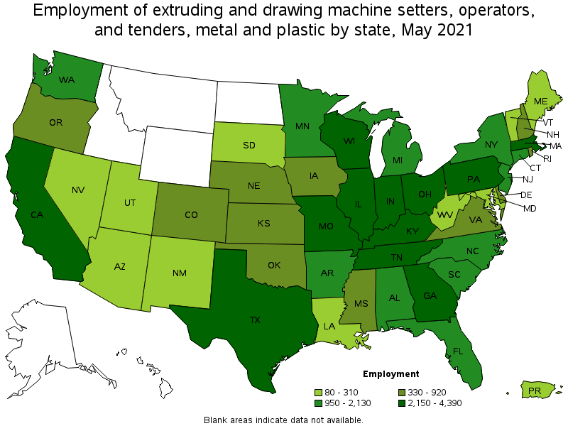 Map of employment of extruding and drawing machine setters, operators, and tenders, metal and plastic by state, May 2021
