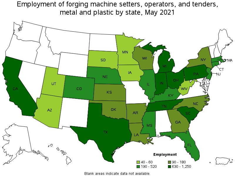 Map of employment of forging machine setters, operators, and tenders, metal and plastic by state, May 2021