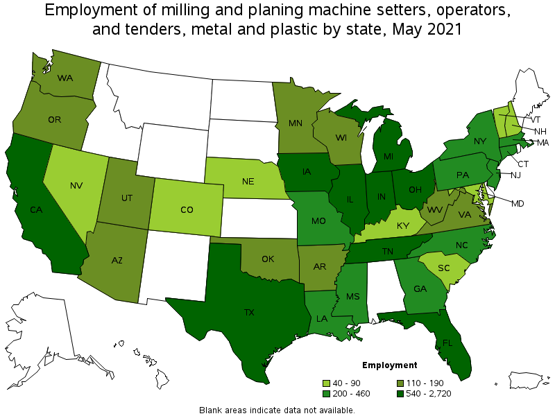 Map of employment of milling and planing machine setters, operators, and tenders, metal and plastic by state, May 2021