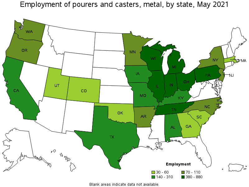 Map of employment of pourers and casters, metal by state, May 2021