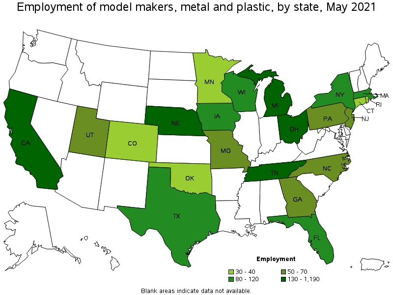 Map of employment of model makers, metal and plastic by state, May 2021