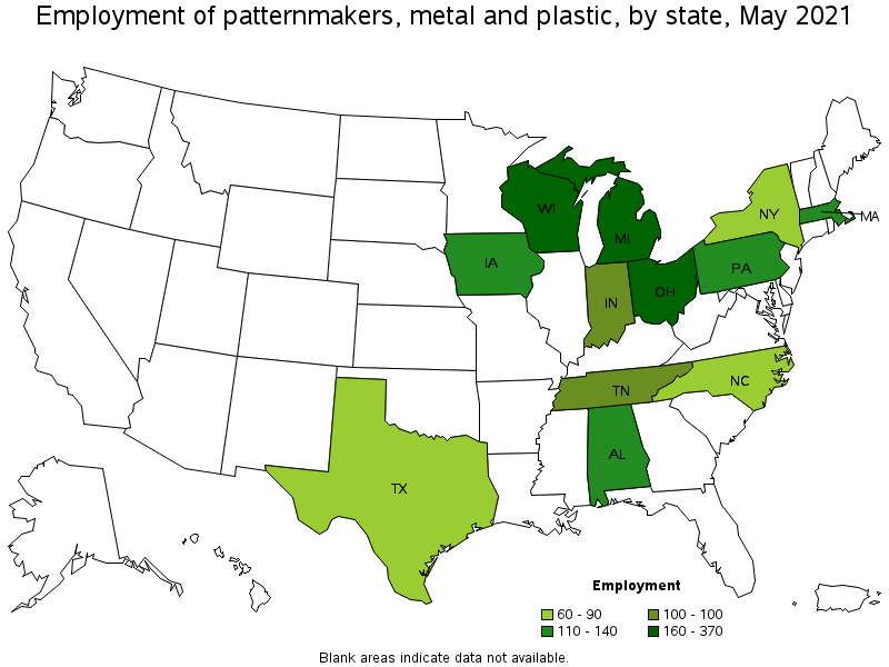 Map of employment of patternmakers, metal and plastic by state, May 2021
