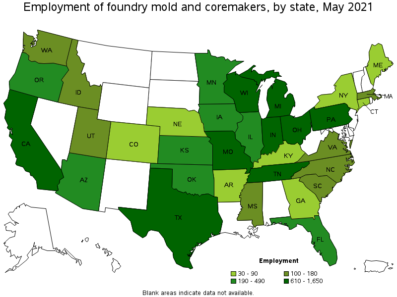 Map of employment of foundry mold and coremakers by state, May 2021