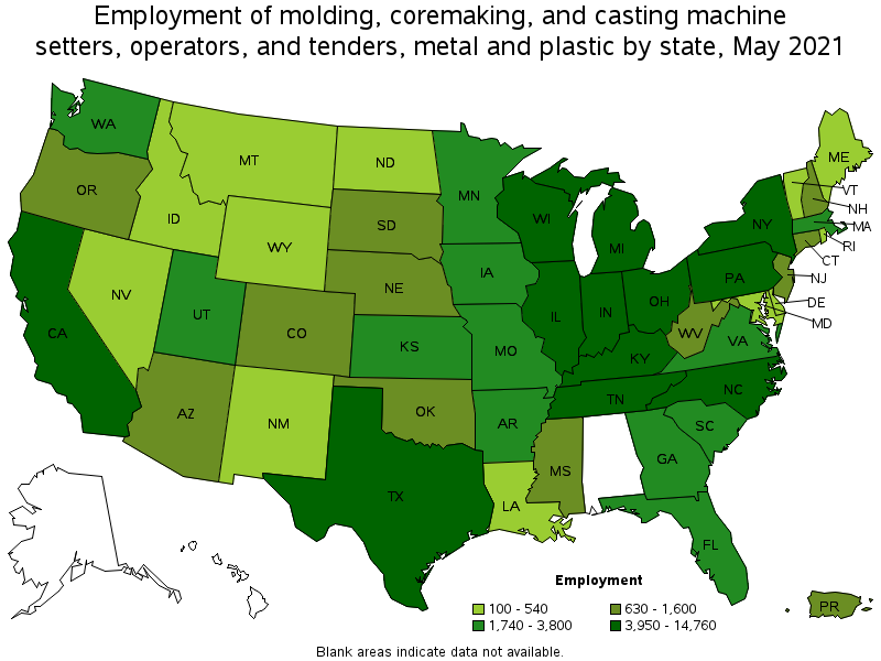 Map of employment of molding, coremaking, and casting machine setters, operators, and tenders, metal and plastic by state, May 2021