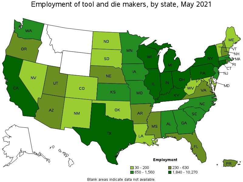 Map of employment of tool and die makers by state, May 2021