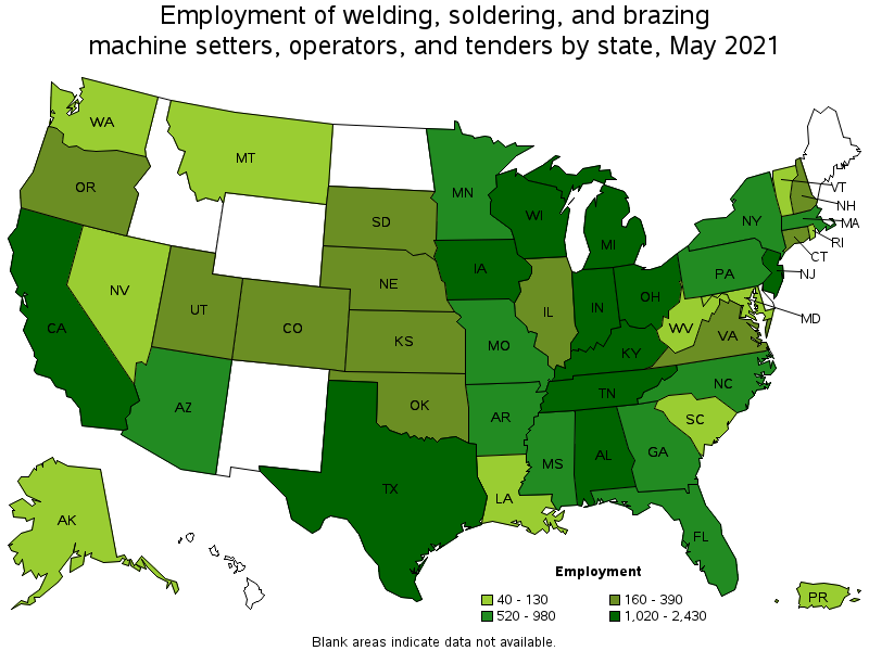 Map of employment of welding, soldering, and brazing machine setters, operators, and tenders by state, May 2021