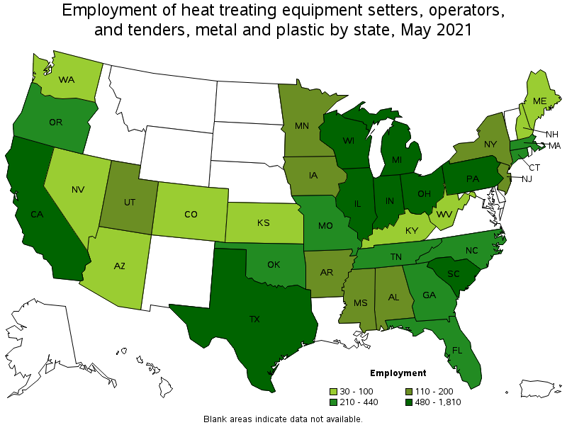Map of employment of heat treating equipment setters, operators, and tenders, metal and plastic by state, May 2021