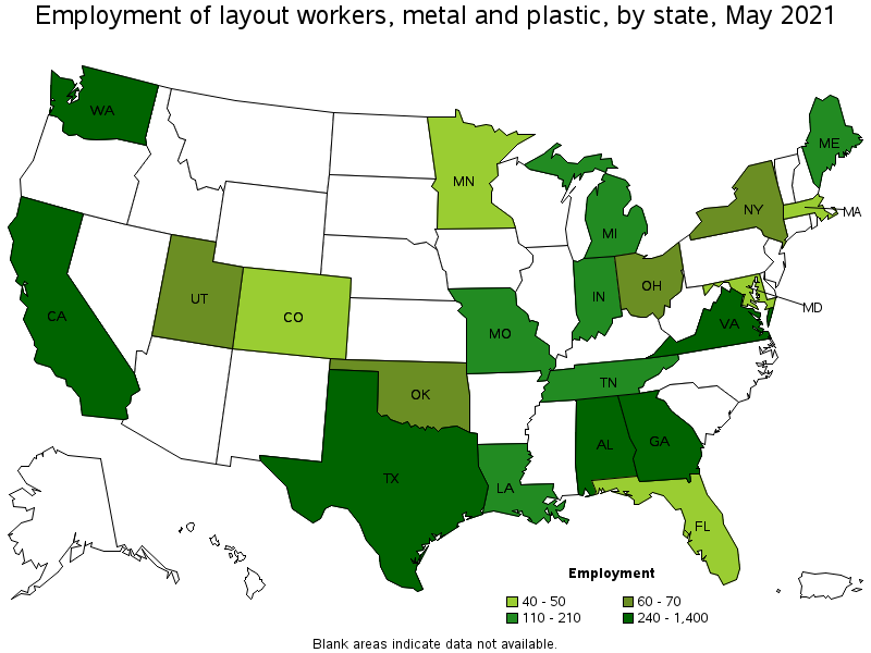 Map of employment of layout workers, metal and plastic by state, May 2021