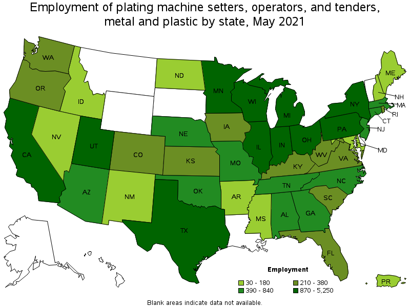 Map of employment of plating machine setters, operators, and tenders, metal and plastic by state, May 2021