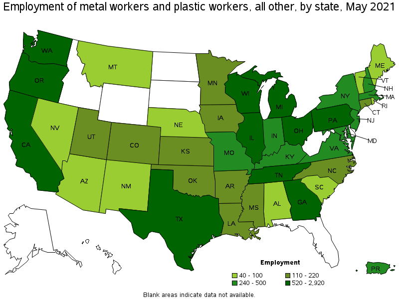 Map of employment of metal workers and plastic workers, all other by state, May 2021