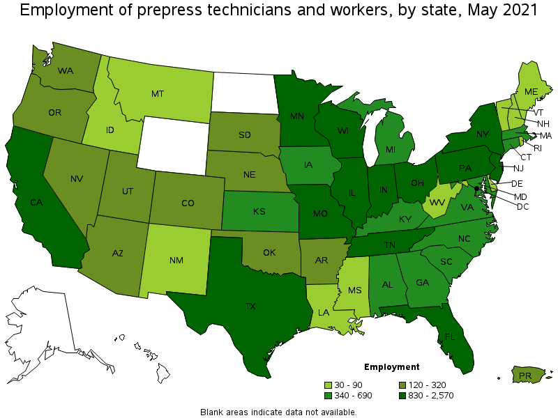 Map of employment of prepress technicians and workers by state, May 2021