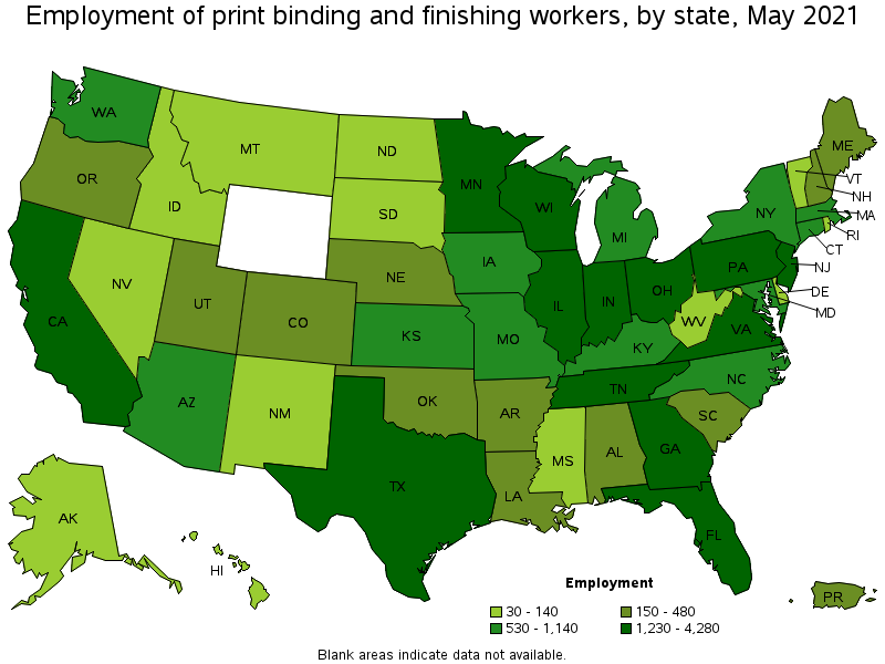 Map of employment of print binding and finishing workers by state, May 2021