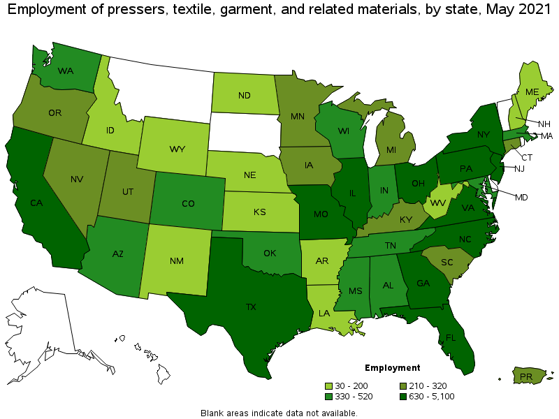 Map of employment of pressers, textile, garment, and related materials by state, May 2021