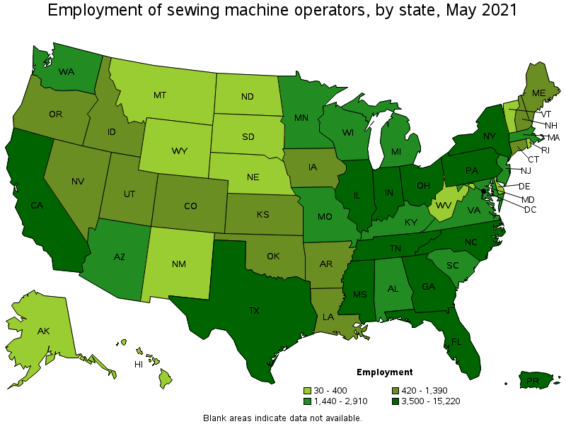 Map of employment of sewing machine operators by state, May 2021