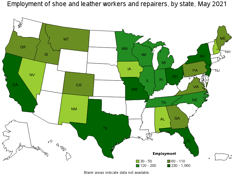 Map of employment of shoe and leather workers and repairers by state, May 2021